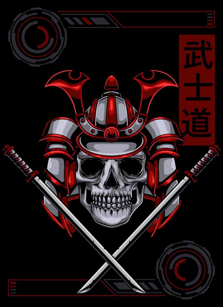 diseño de ilustración de calavera samurai con katana y estilo futurista vector