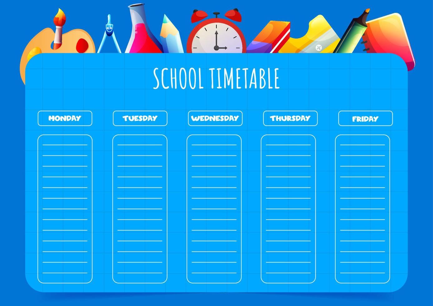 School timetable template for kids with days of the week and cartoon school supplies on the background. Weekly planner. Schedule design template. vector