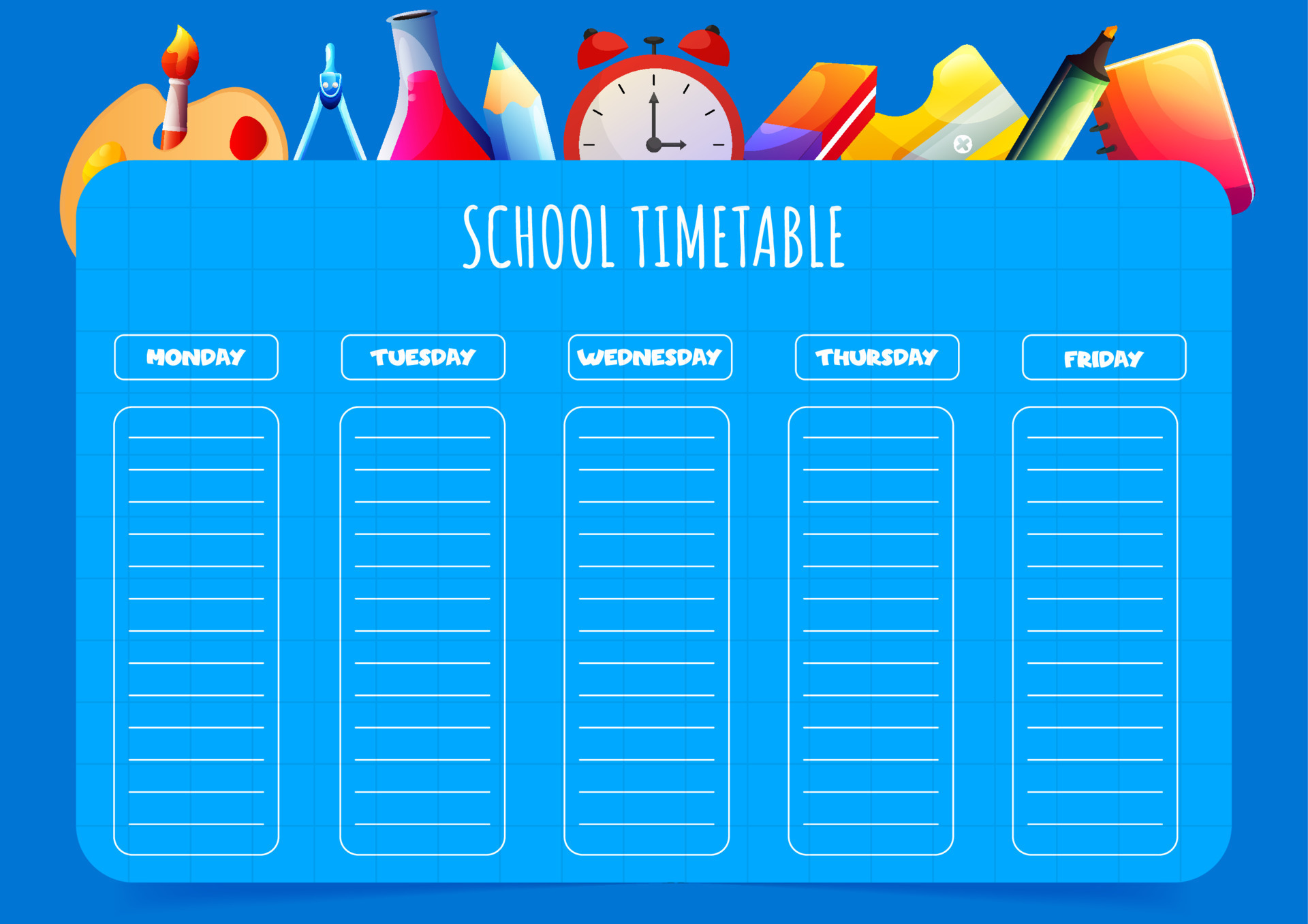 School timetable template for kids with days of the week and cartoon School timetable template for kids with days of the week and cartoon