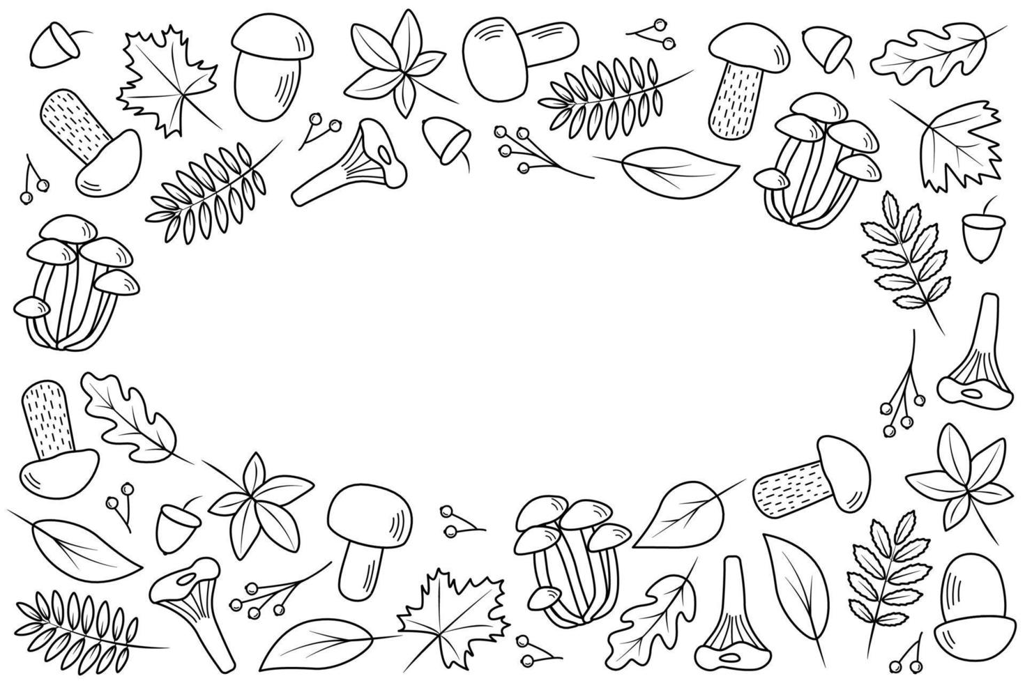 Doodle set of tree leaves and mushrooms, autumn concept, vector illustration.