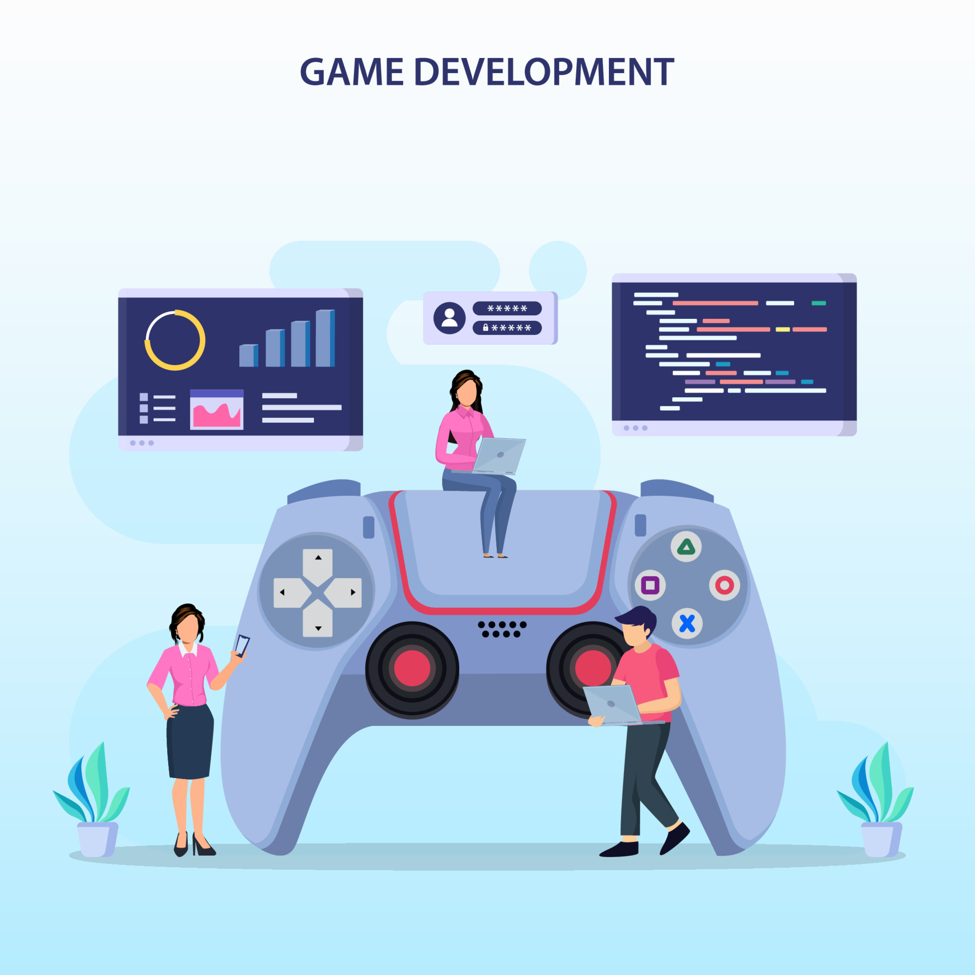 Video games concept illustration using code for developing