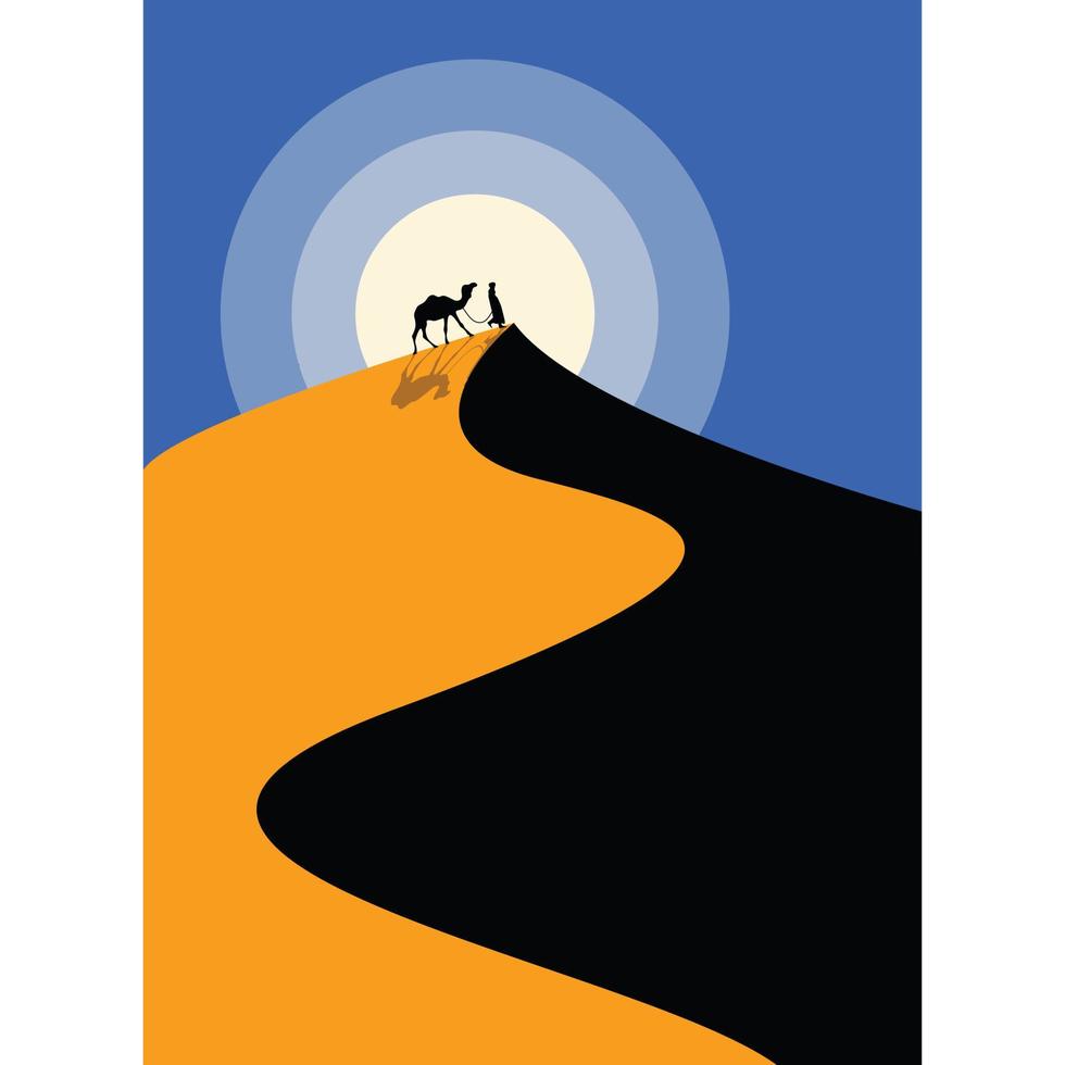 una imagen pintoresca de un desierto con dunas de arena y un viajero viaja con su camello vector