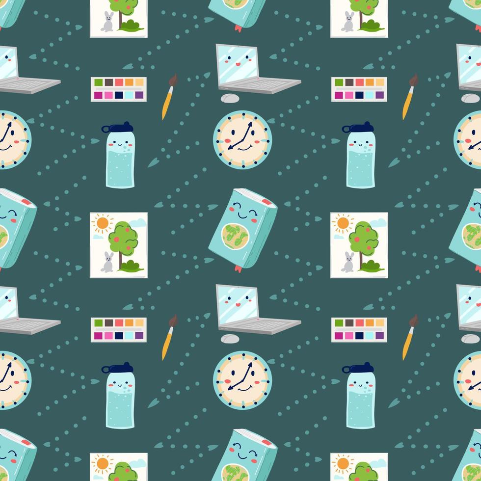 School pattern with elements of stationery, books, simple shapes, notes vector