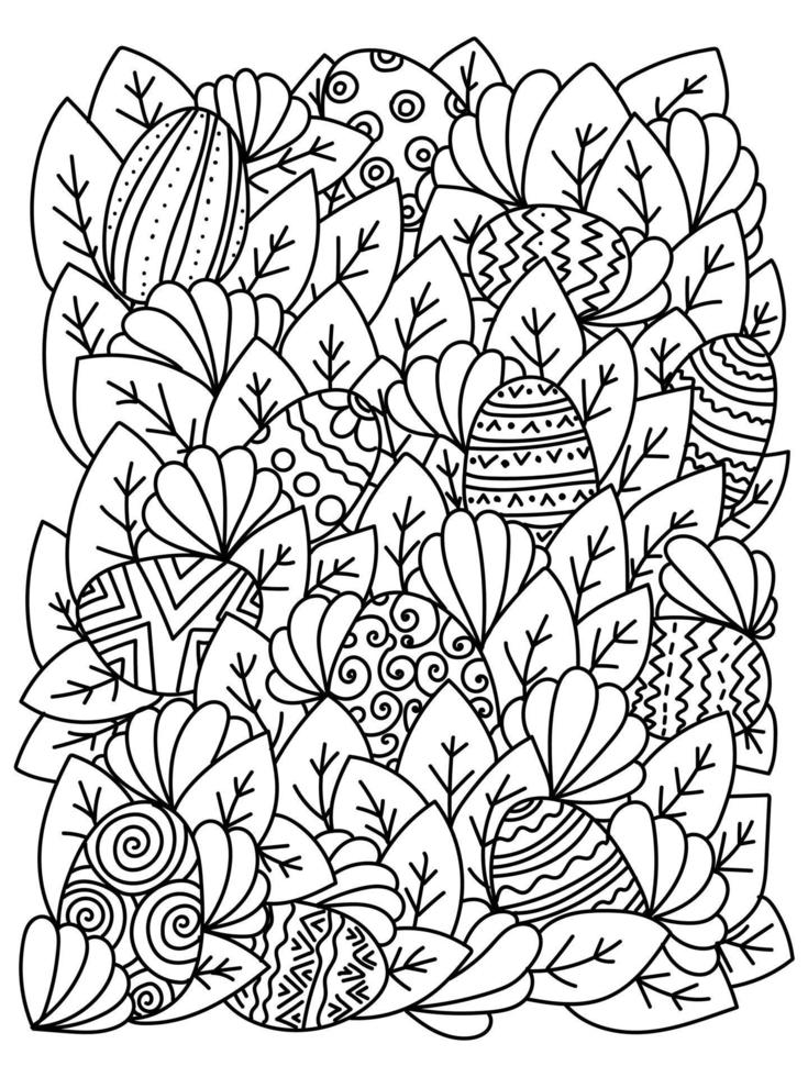 Find Easter Eggs coloring page with intricate patterns and leaves for holiday activity vector