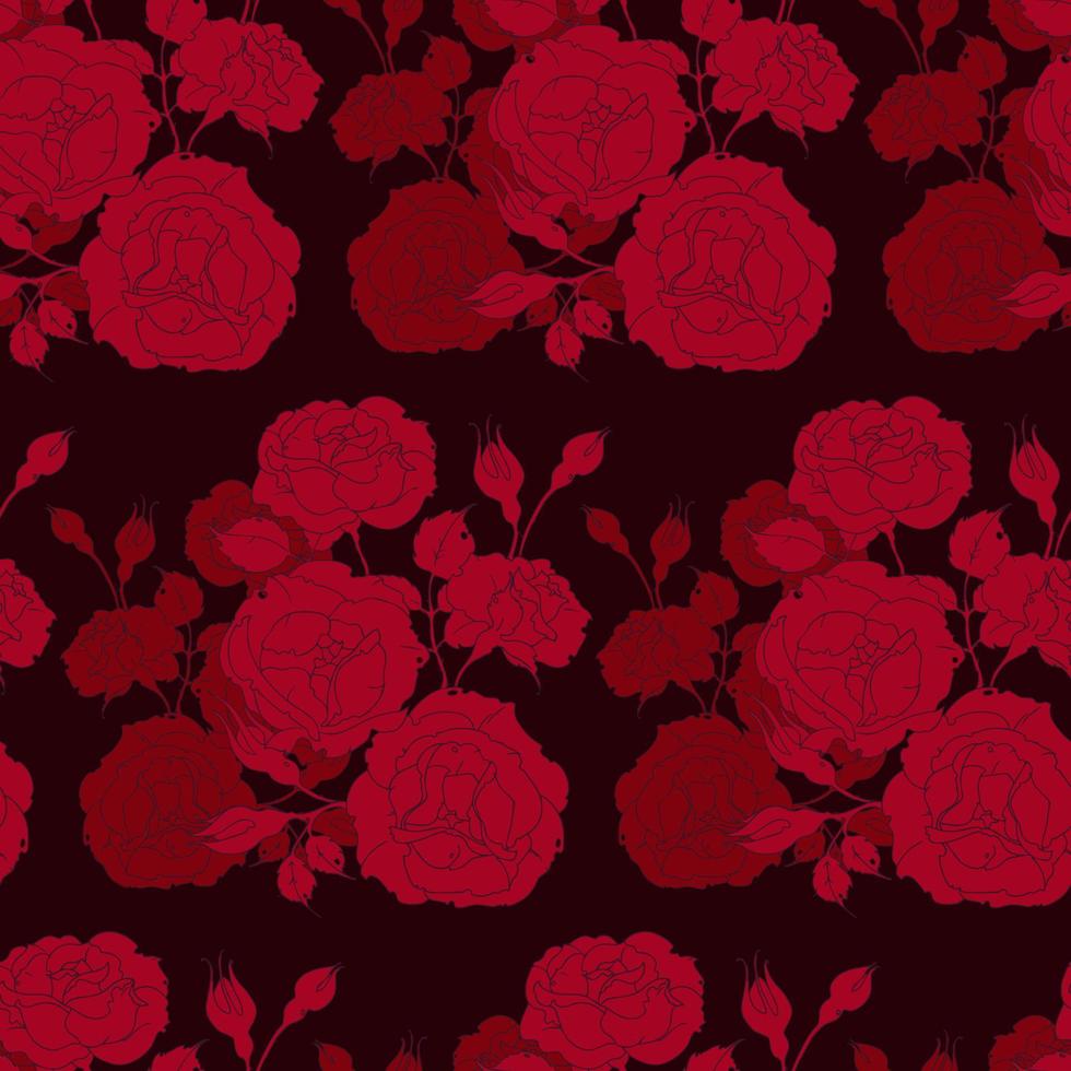 bouquet of bright red roses, a branch with flowers, leaves and buds, on a dark background. Seamless pattern vector illustration.