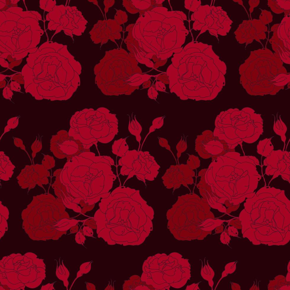 bouquet of bright red roses, a branch with flowers, leaves and buds, on a dark background. Seamless pattern vector illustration.