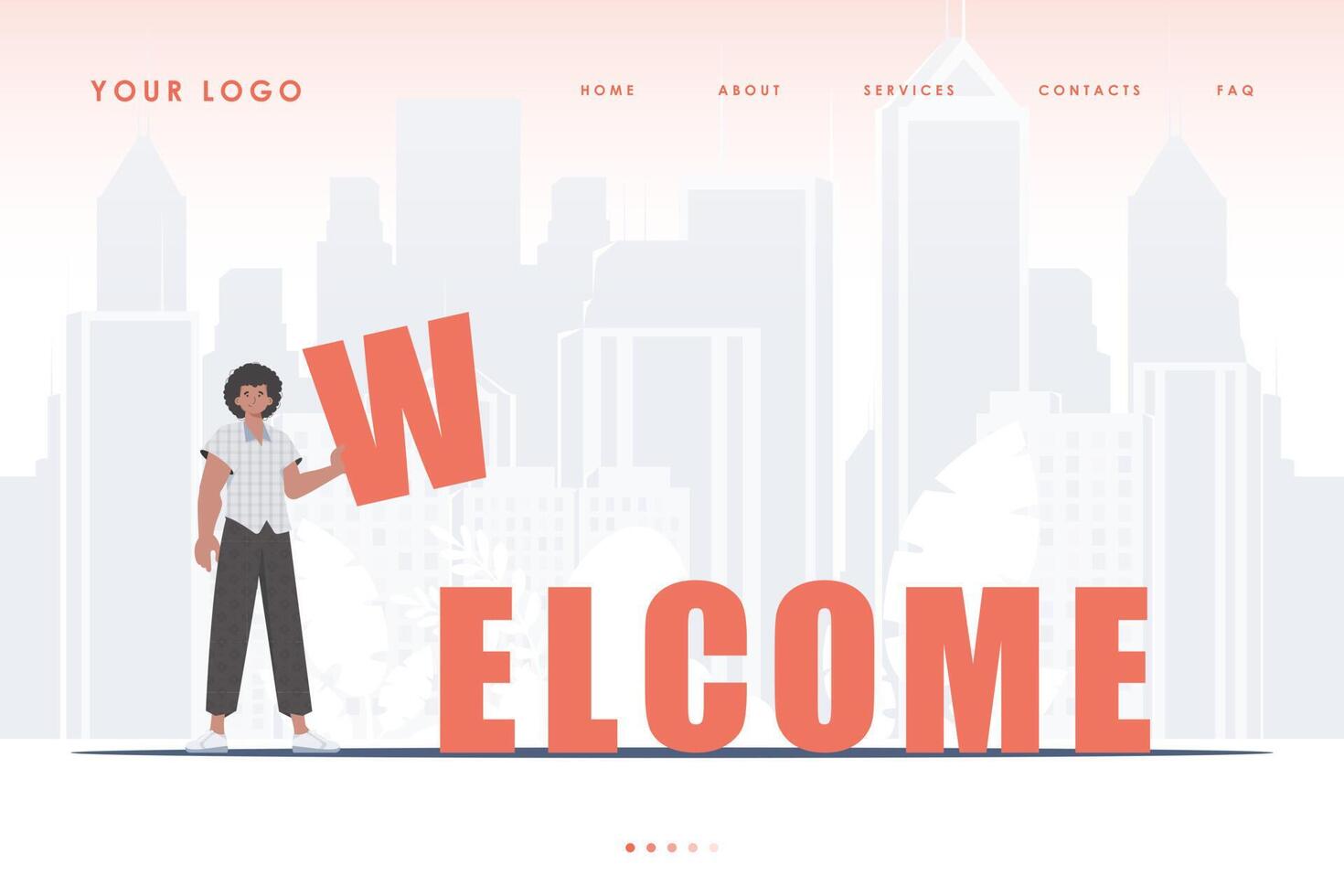 Welcome landing page. A man stands and holds the letter W in his hands. The home page of the site. Trend style character. illustration. vector