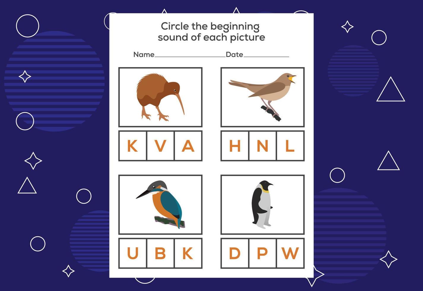 Circle the beginning sound of each bird. Educational game for kids vector