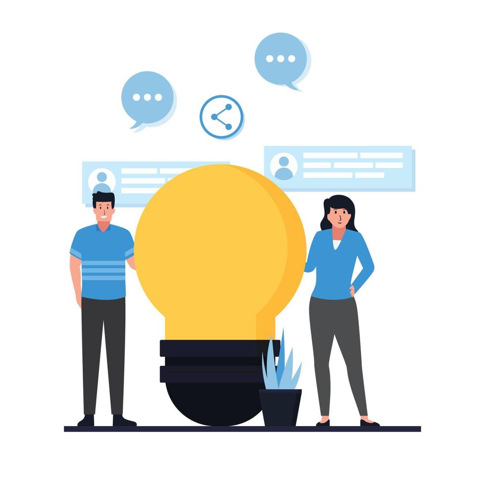 Man and woman stand next to bulb metaphor of idea sharing. vector