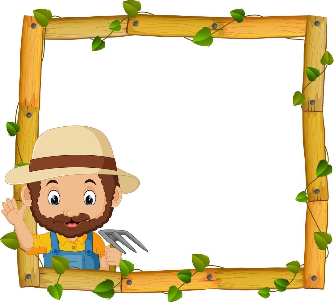 Farmer on the wood frame with roots and leaf vector