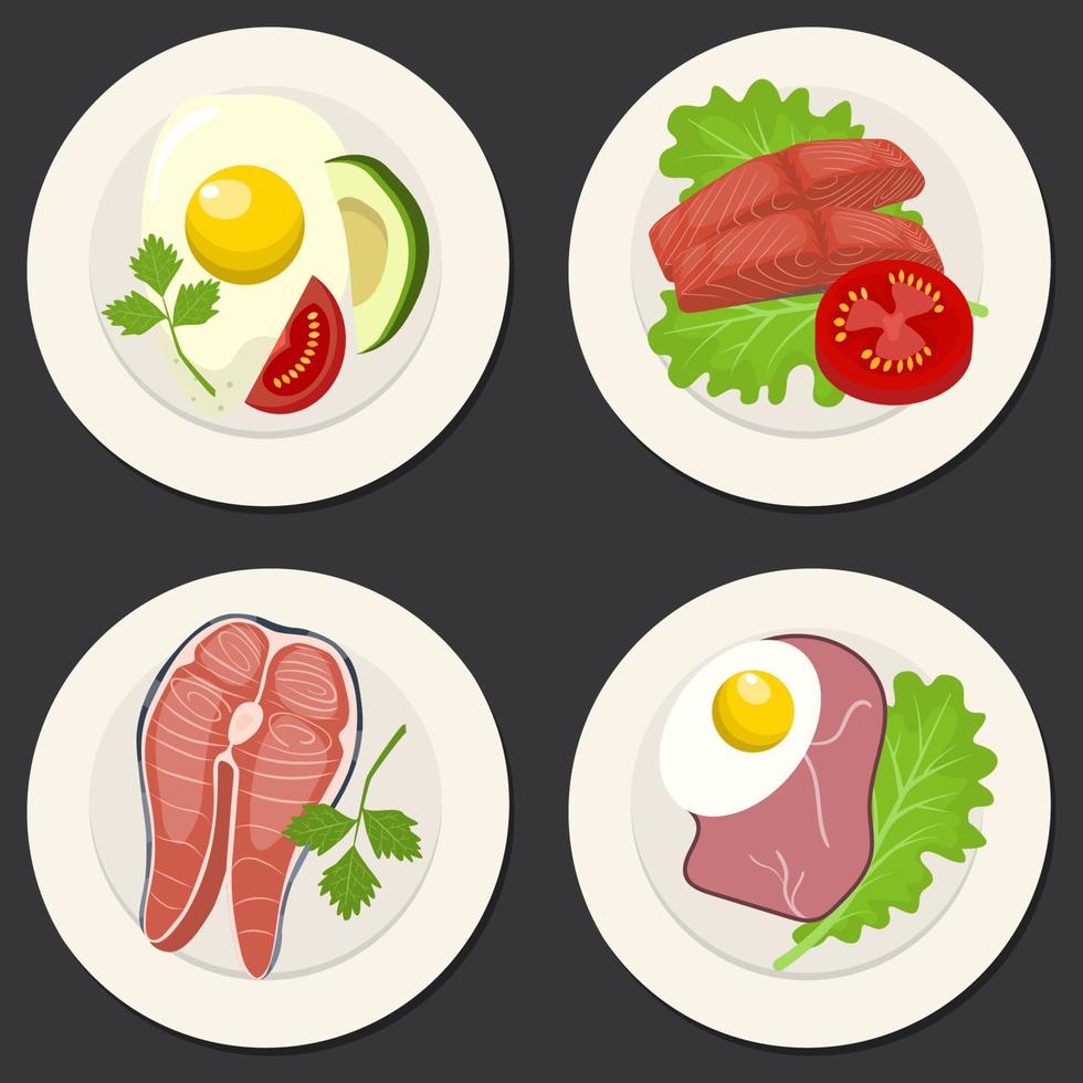 Set of 4 sipmle breakfasts with ham, egg, lettuce, salmon, tomato, avocado, omelet. Cartoon vector illustration