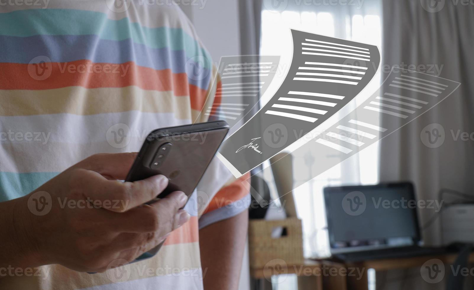 Women reading text on screen, mobile ,via online app. photo