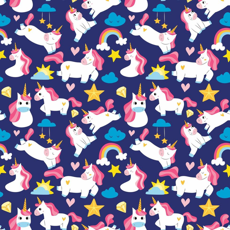 Cartoon pink unicorns girls fashion sketch icons with fancy rainbow, stars, clouds and other details. A mix with a unicorn and a trifle. Pattern vector