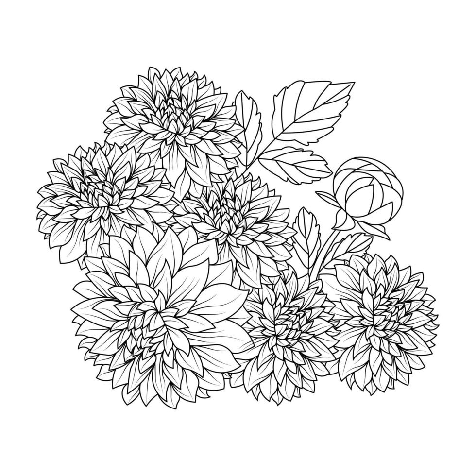 ilustración de flor de dalia con trazo de lápiz en diseño de arte de garabato de diseño de página para colorear vector