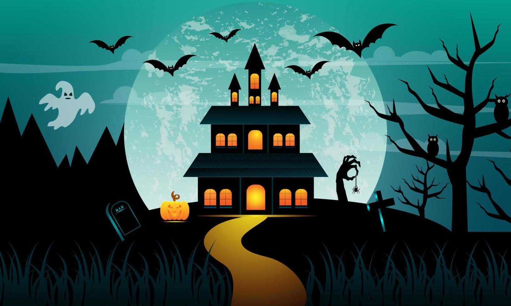 halloween blue background with bat, skull hand, pumpkin, owl and tree ...