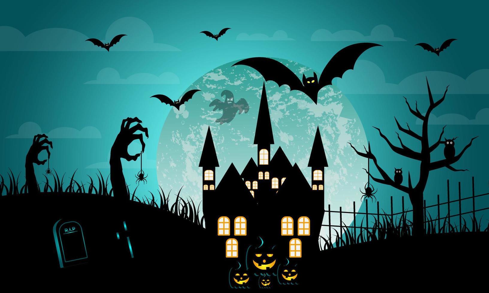 halloween blue background with bat, skull hand, pumpkin, owl and tree elements vector