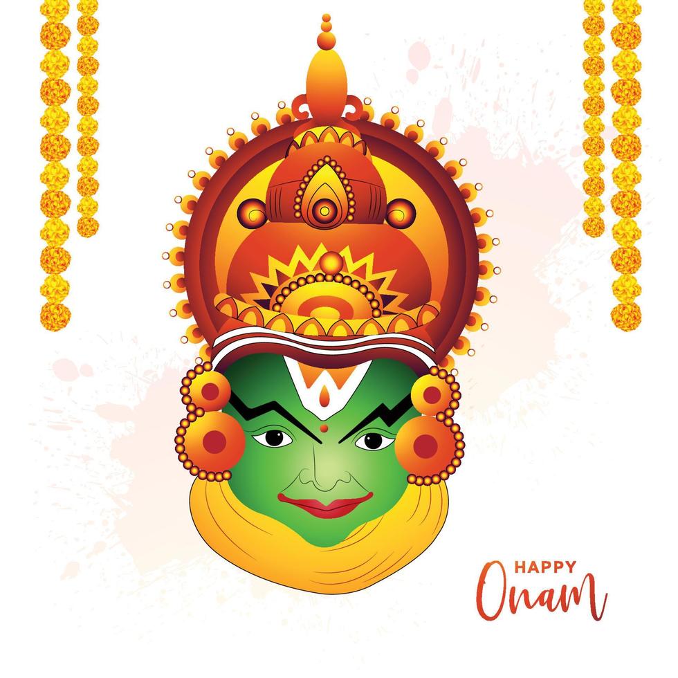 Illustration of greeting card for south indian festival onam with kathakali face background vector