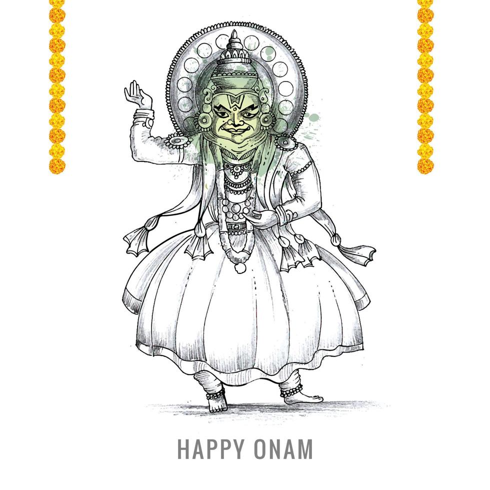 dibujar a mano feliz onam festival del sur de la india en el diseño de boceto de vacaciones de tarjeta vector