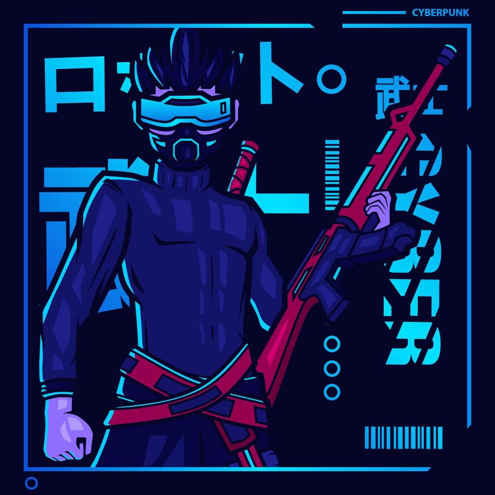 Samurai cyberpunk fiction character vector. Colorful t-shirt design illustration. Translation Robot Samurai Robot. vector