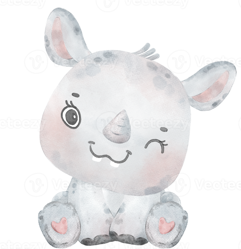 waterverf baby neushoorn dier bos- kinderkamer illustratie png