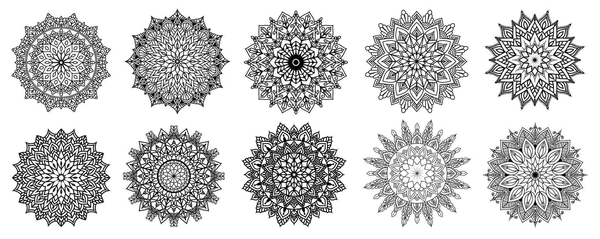 paquete vectorial de mandala floral de 10, juego redondo de adorno con un mandala, elementos decorativos antiguos. patrón oriental, ilustración vectorial. islam, arábica, turco, pakistán, chino, paquete de mandala vector