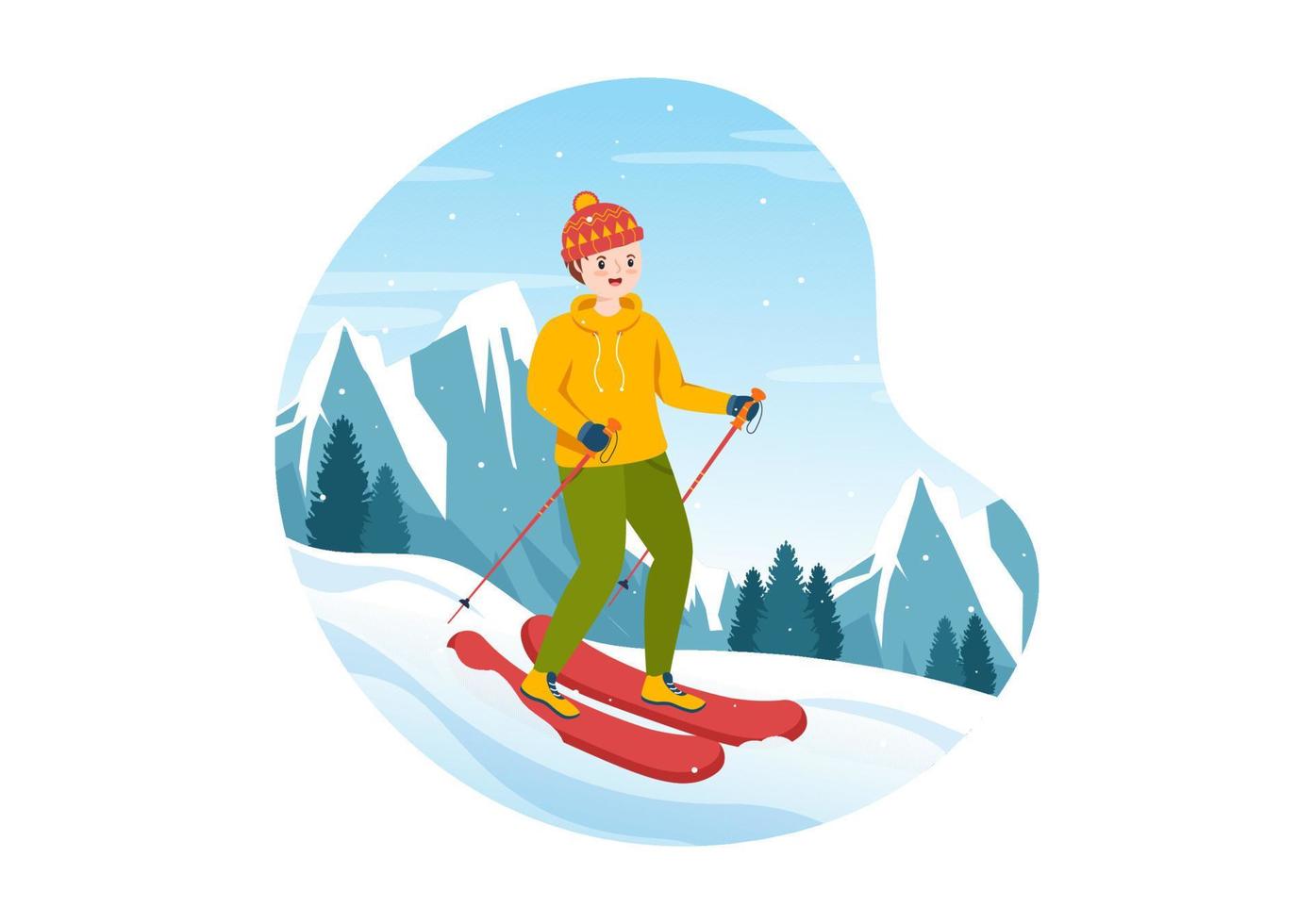 Snowboarding Hand Drawn Cartoon Flat Illustration of People in Winter Outfit Sliding and Jumping with Snowboards at Snowy Mountain Sides or Slopes vector