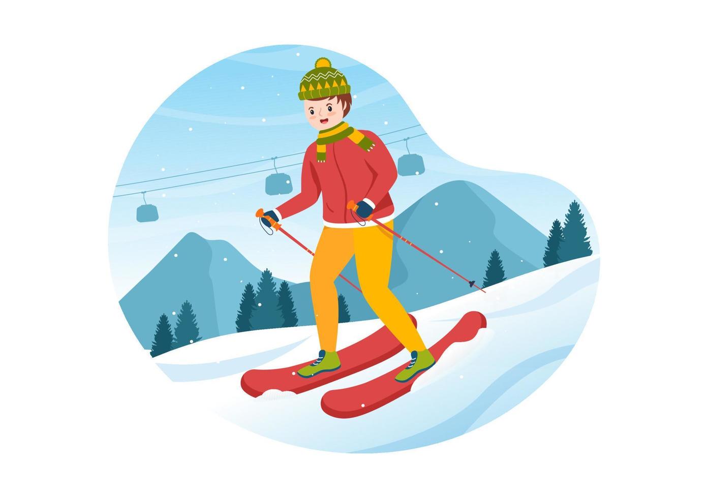 Snowboarding Hand Drawn Cartoon Flat Illustration of People in Winter Outfit Sliding and Jumping with Snowboards at Snowy Mountain Sides or Slopes vector