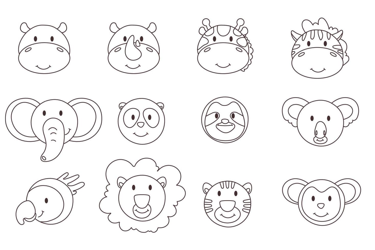 Cute animal faces set. Hand drawn characters. lion, giraffe, elephant