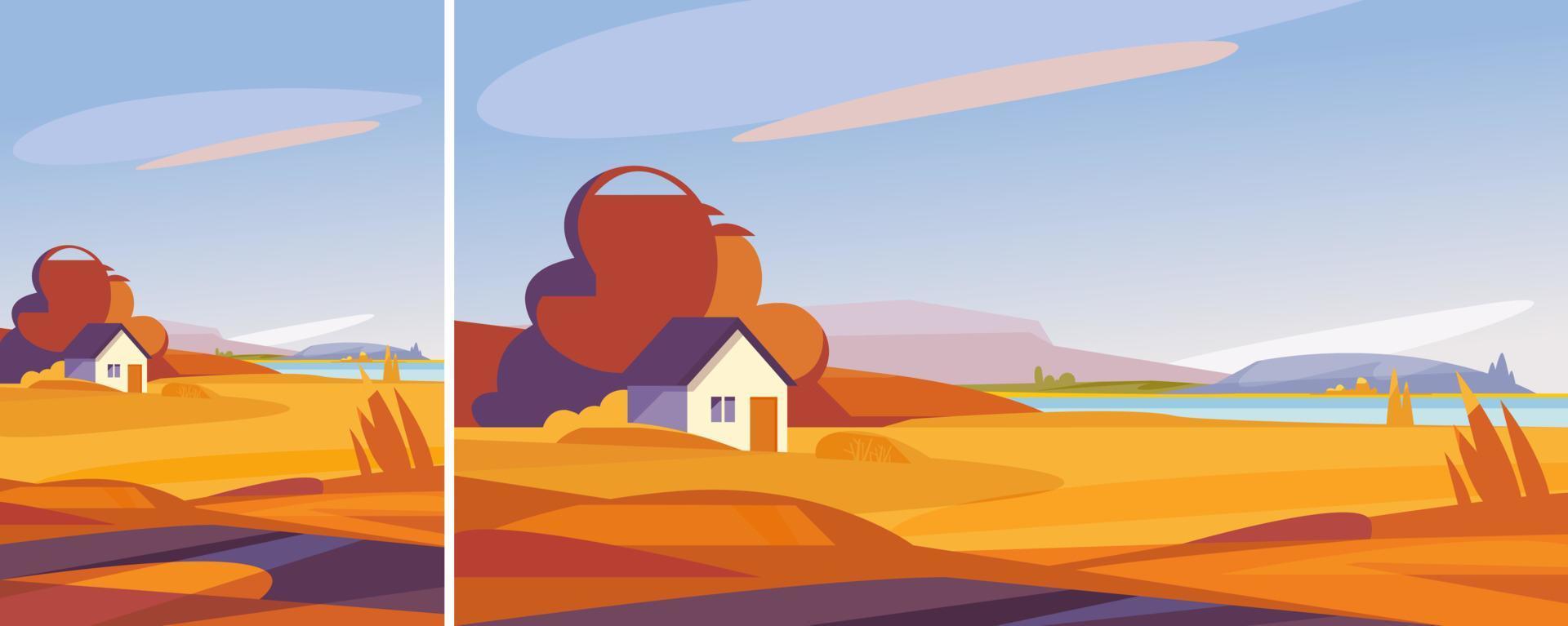 Autumn landscape with house on the river bank. Natural scenery in different formats. vector