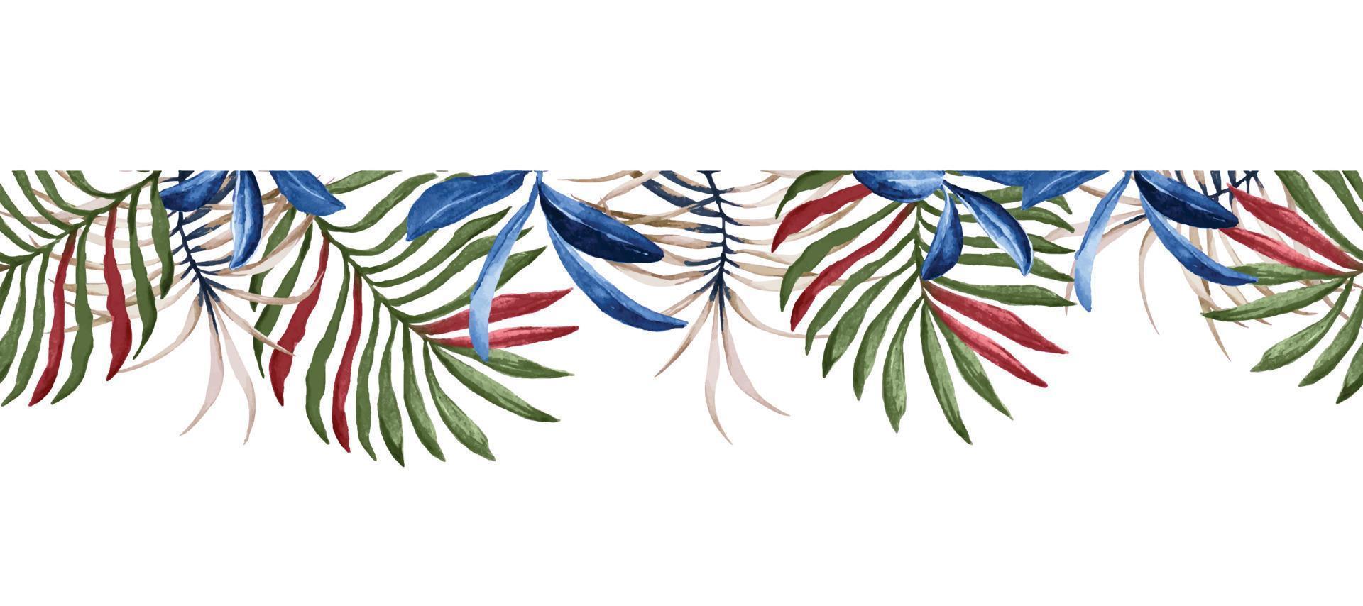 Seamless border palm leaves and flowers with watercolor. Botanical rim for border design.Style nature vector