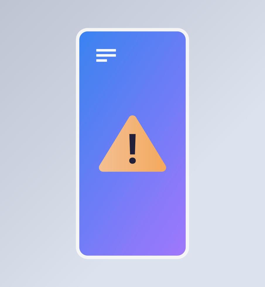 Problem smartphone application software error and technology exclamation mark icon smartphone screen alert warning notification concept horizontal flat vector illustration.