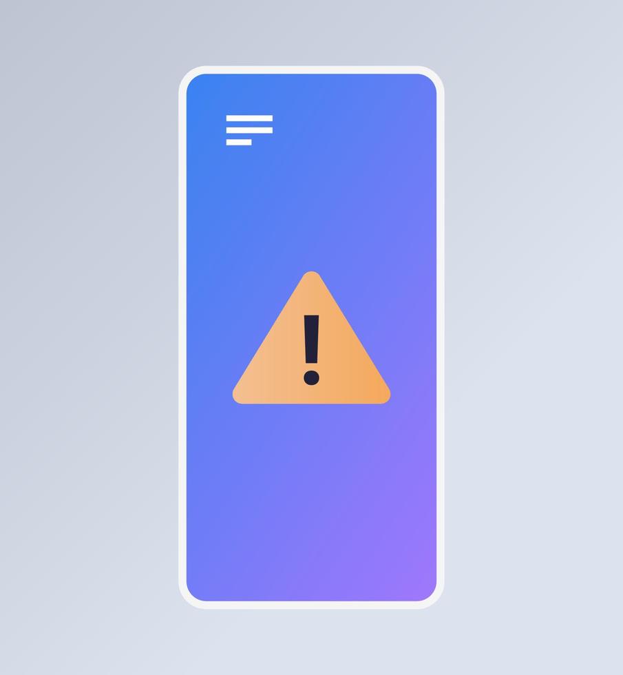 problema de software de aplicación de teléfono inteligente error y tecnología icono de signo de exclamación alerta de pantalla de teléfono inteligente concepto de notificación de advertencia ilustración de vector plano horizontal.