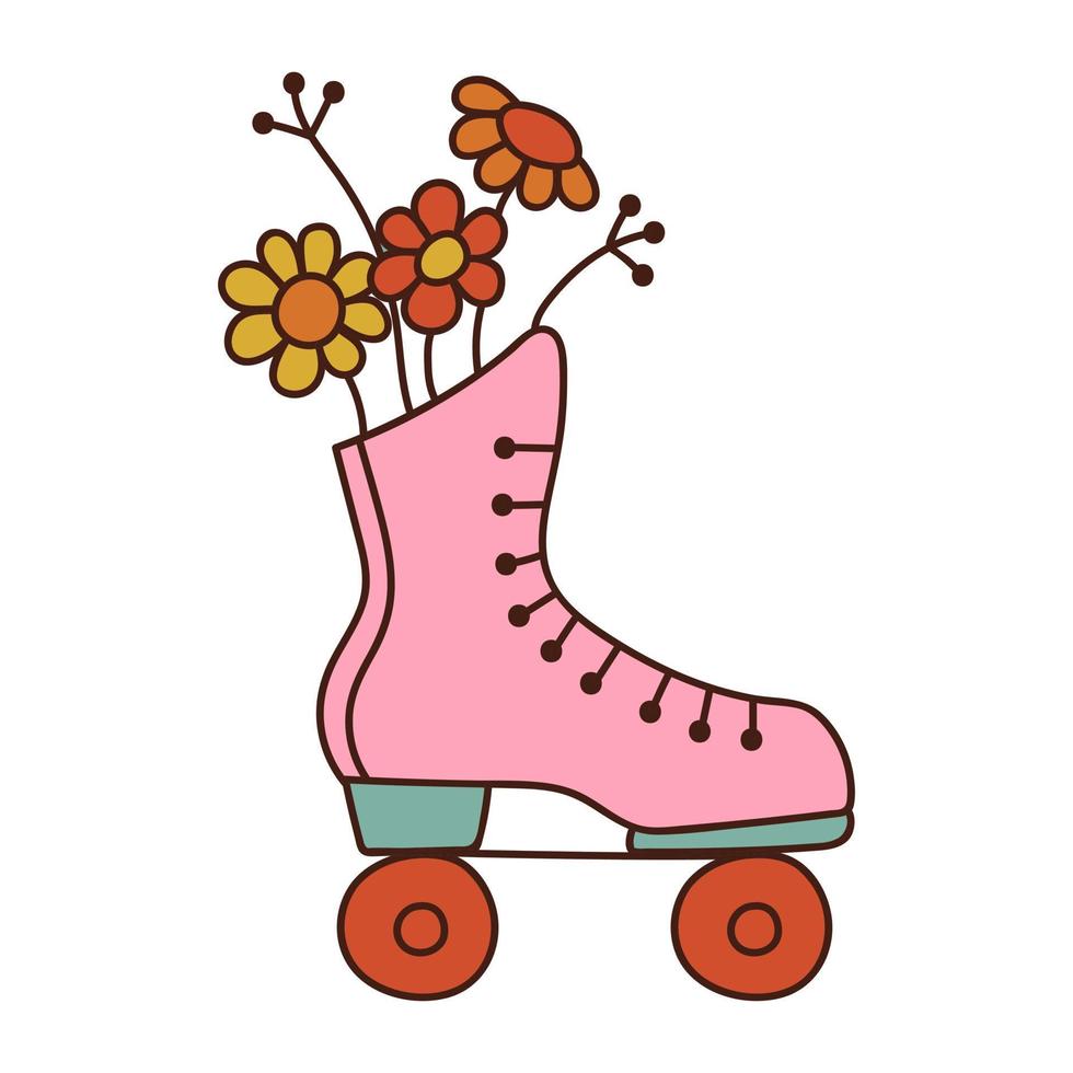 Roller skate with flowers. 1970 vibe. Vector illustration