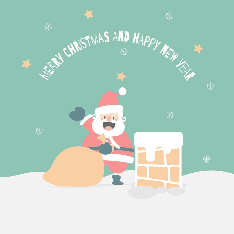 merry christmas and happy new year with cute santa claus and present gift with chimney in the winter season green background, flat vector illustration cartoon character costume design