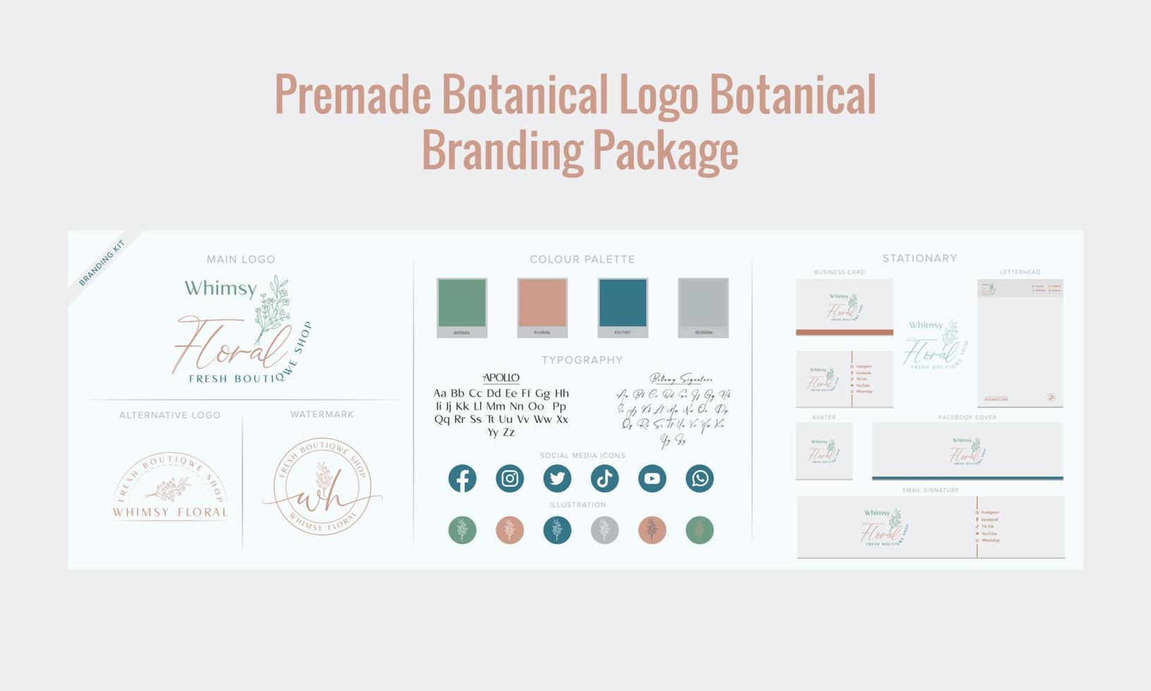 Minimal Brand Guide for botanical, spa, feminine beauty, salon, nail artist logo, and stationary set premium vector