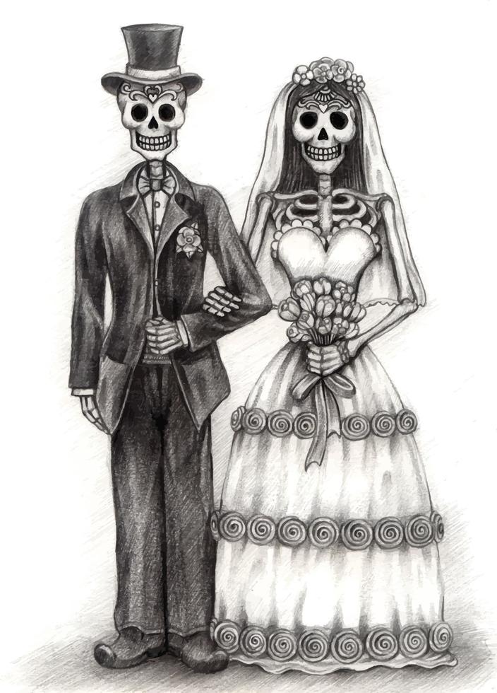 Pareja de arte enamorada de calaveras de boda. dibujo a mano y hacer vector gráfico.