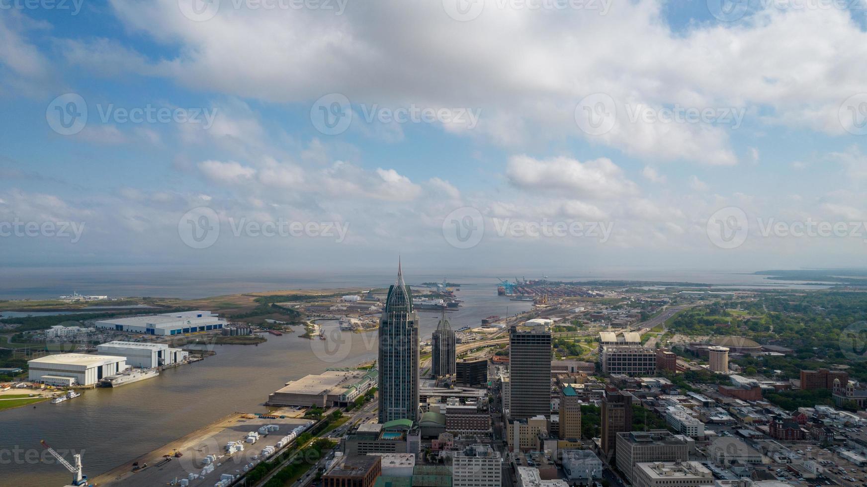 Downtown Mobile, Alabama waterfront skyline on a cloudy summer day photo