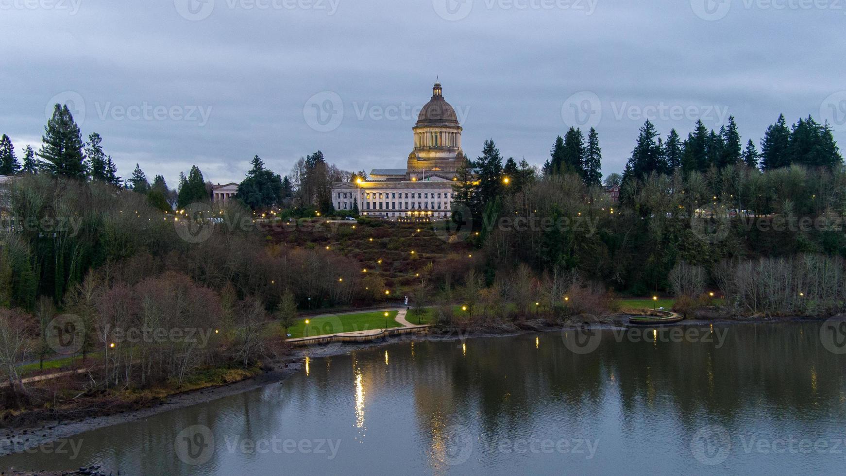 The Olympia, Washington waterfront at twilight in December of 2021 photo