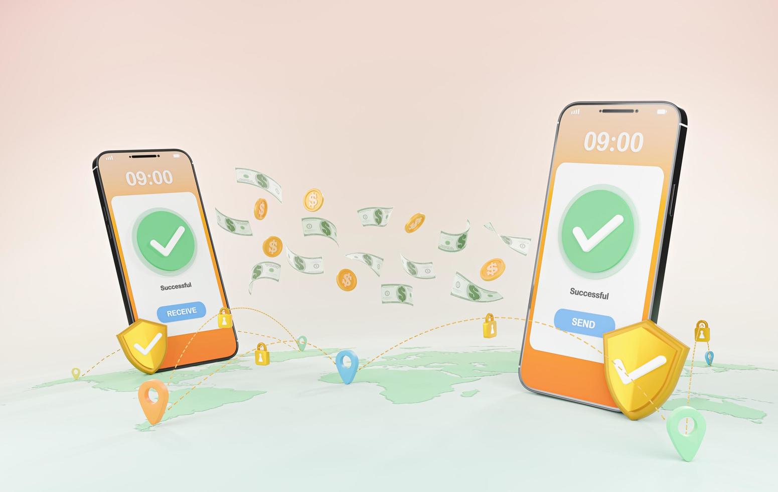 3D rendering of online money transfer by having a credit card connection and have a safety supervision system concept, Online money transactions, mobile payments using a smartphone. photo