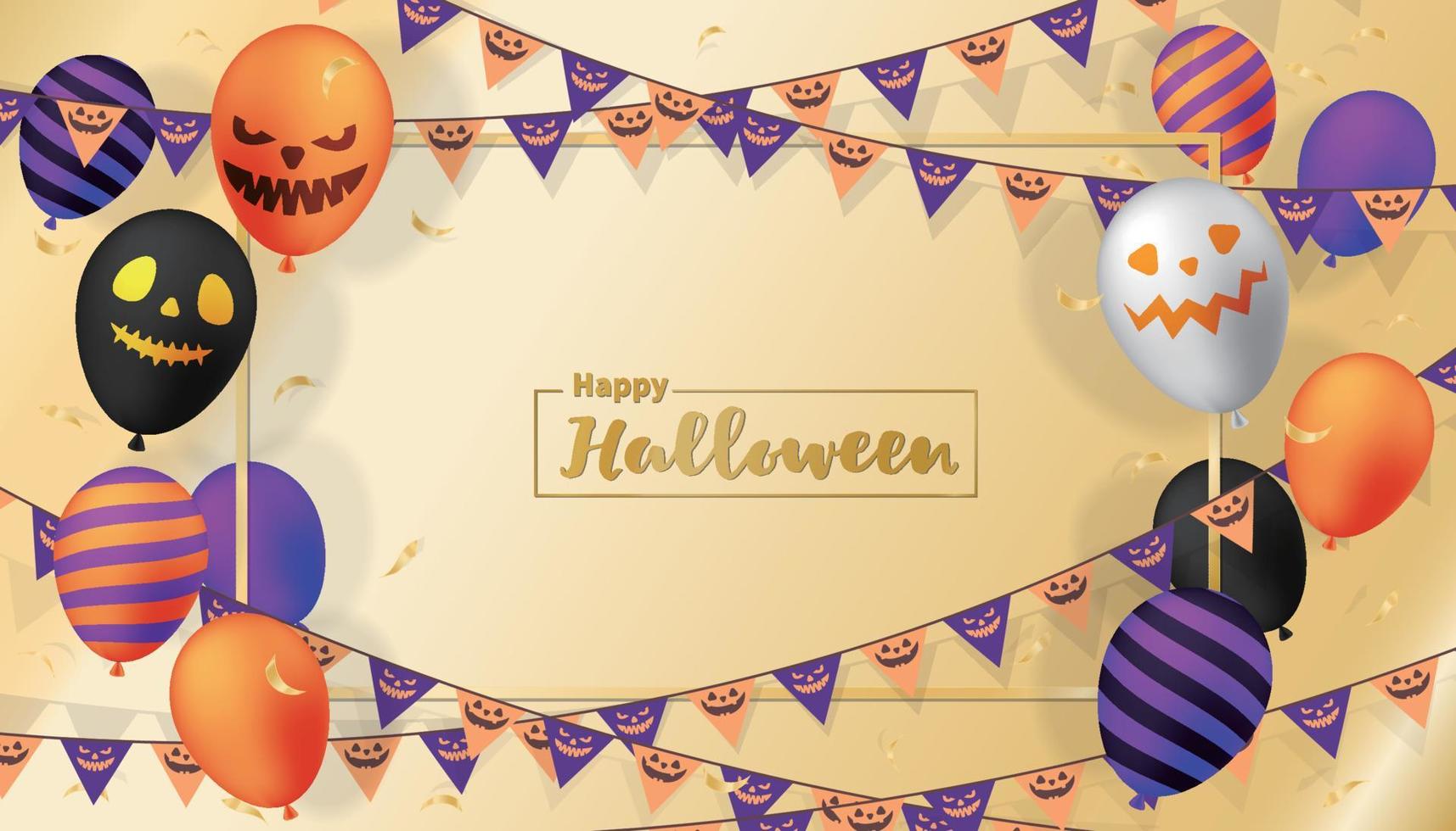 feliz halloween con globos de mueca, banderines, flores de papel y mucha diversión vector