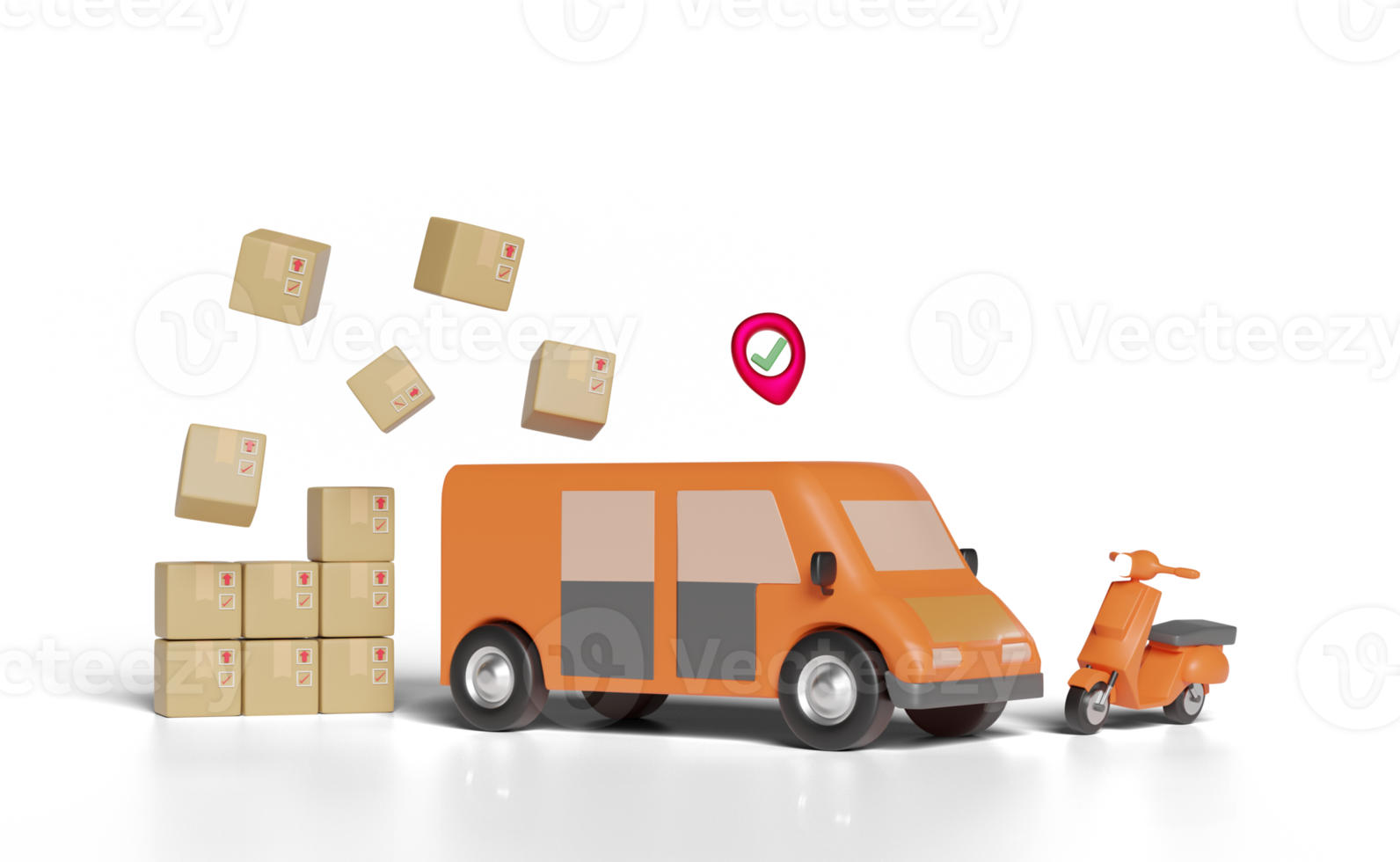 3d orange truck, delivery van with scooter, packaging, png
