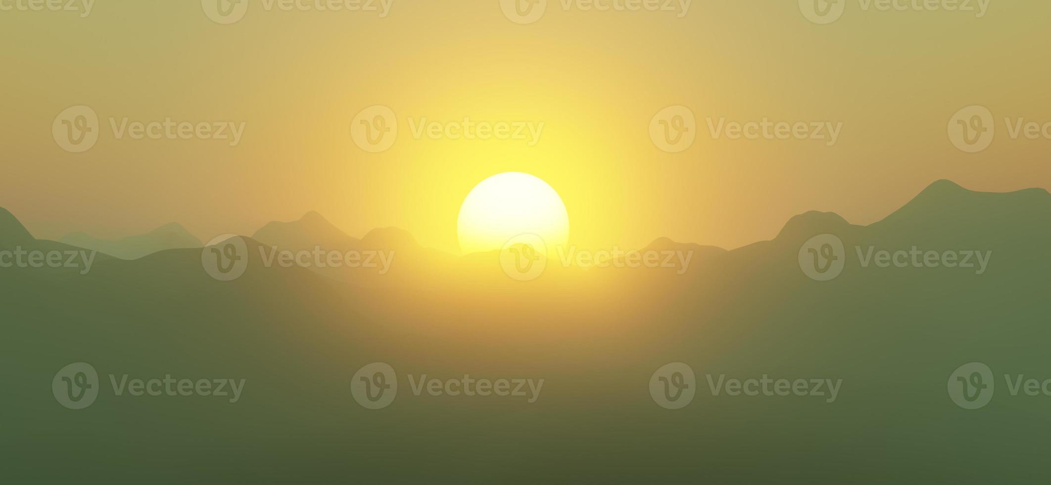 amanecer y atardecer en las montañas. ilustración de un hermoso paisaje montañoso oscuro con niebla. representación 3d foto