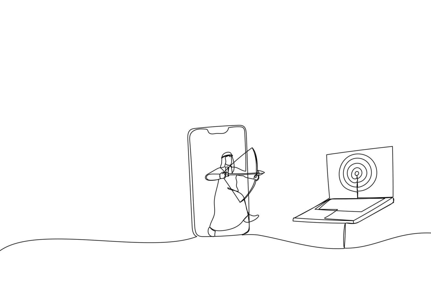 Cartoon of arab businessman from mobile app aiming target and other computer laptop. Metaphor for remarketing or behavioral retargeting in digital advertising. Single continuous line art style vector