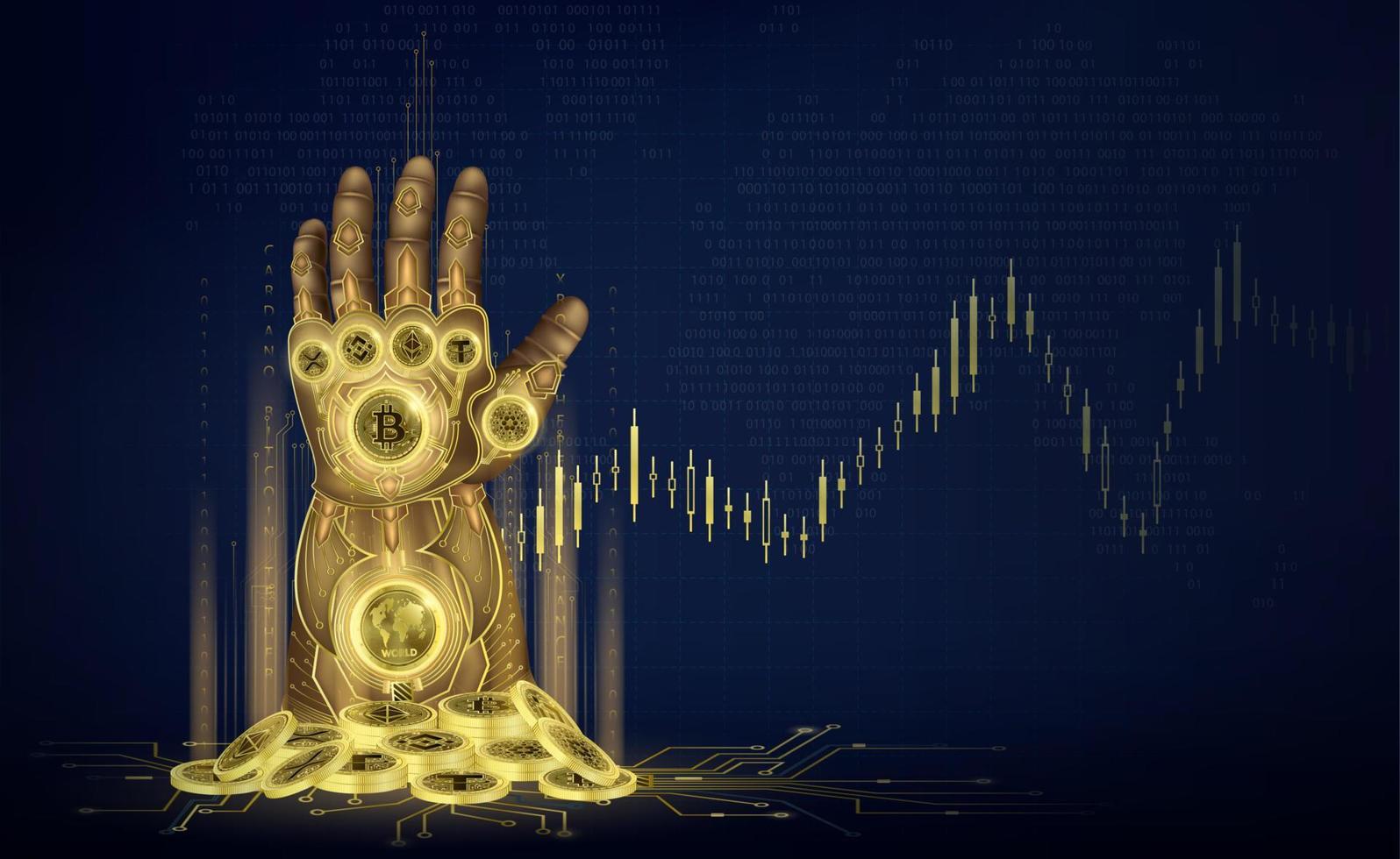 Knightly plate golden gauntlet of infinity with pile of coins cryptocurrency bitcoin, binance, ethereum, cardano and tether. On a background growth chart stock exchange of BTC. 3D Vector illustration.