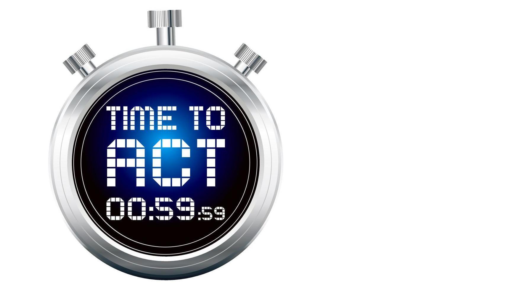 Time to act, electronic text on stopwatch lcd screen with countdown, on gradient blue and black background. Copy space. Vector illustration