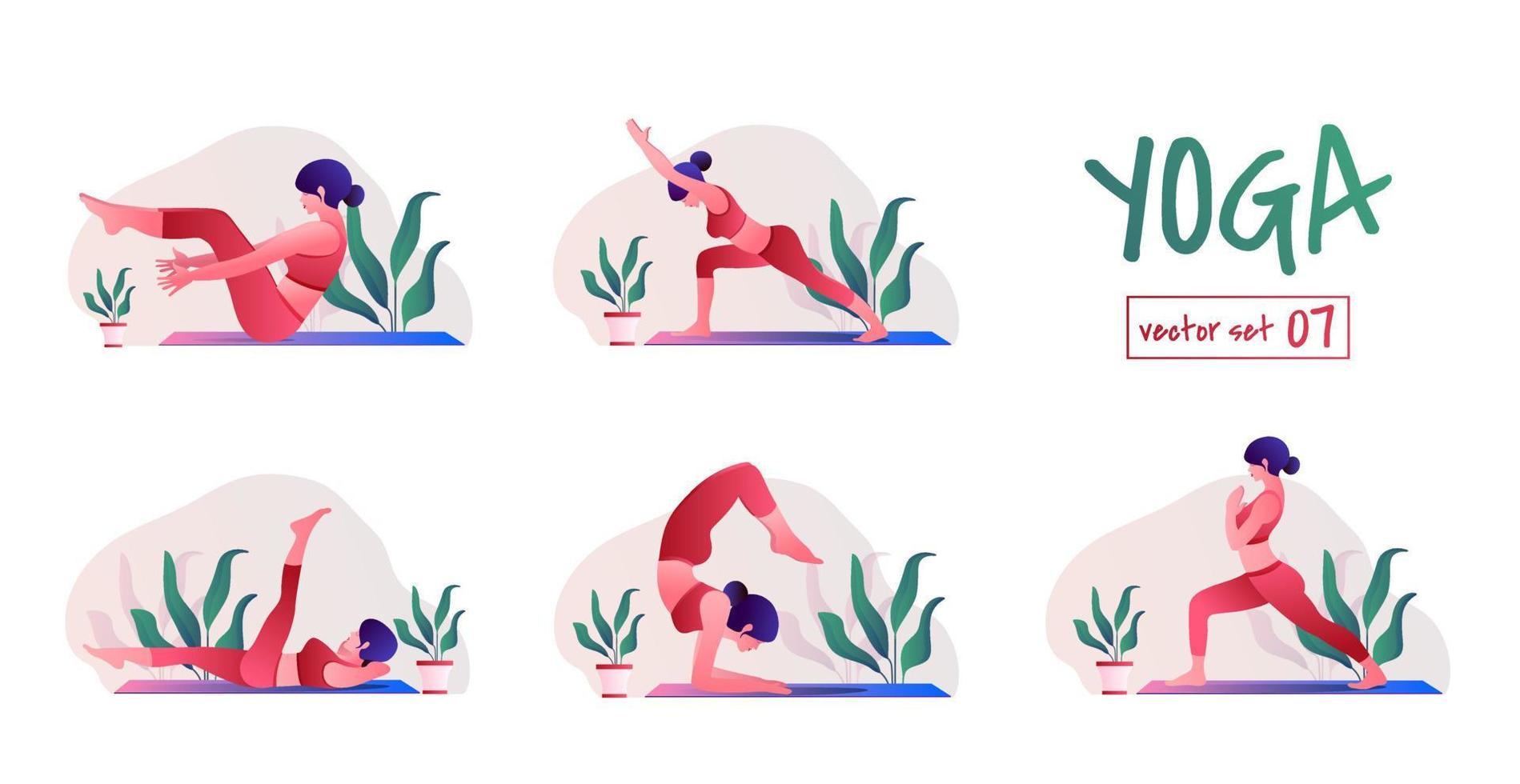 conjunto de ejercicios de yoga. mujer joven practicando posturas de yoga. mujer entrenamiento fitness, aeróbicos y ejercicios. vector