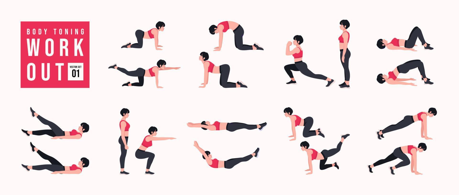 Body Toning Workout Set. Women doing fitness and yoga exercises. Lunges, Pushups, Squats, Dumbbell rows, Burpees, Side planks, Situps, Glute bridge, Leg Raise, Russian Twist, Side Crunch .etc vector