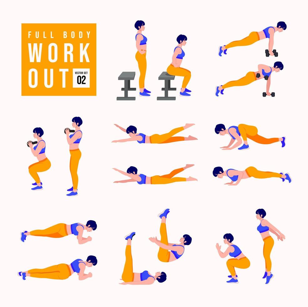 Workout girl set. Woman doing fitness and yoga exercises. Lunges and squats, plank and abc. Full body workout. vector