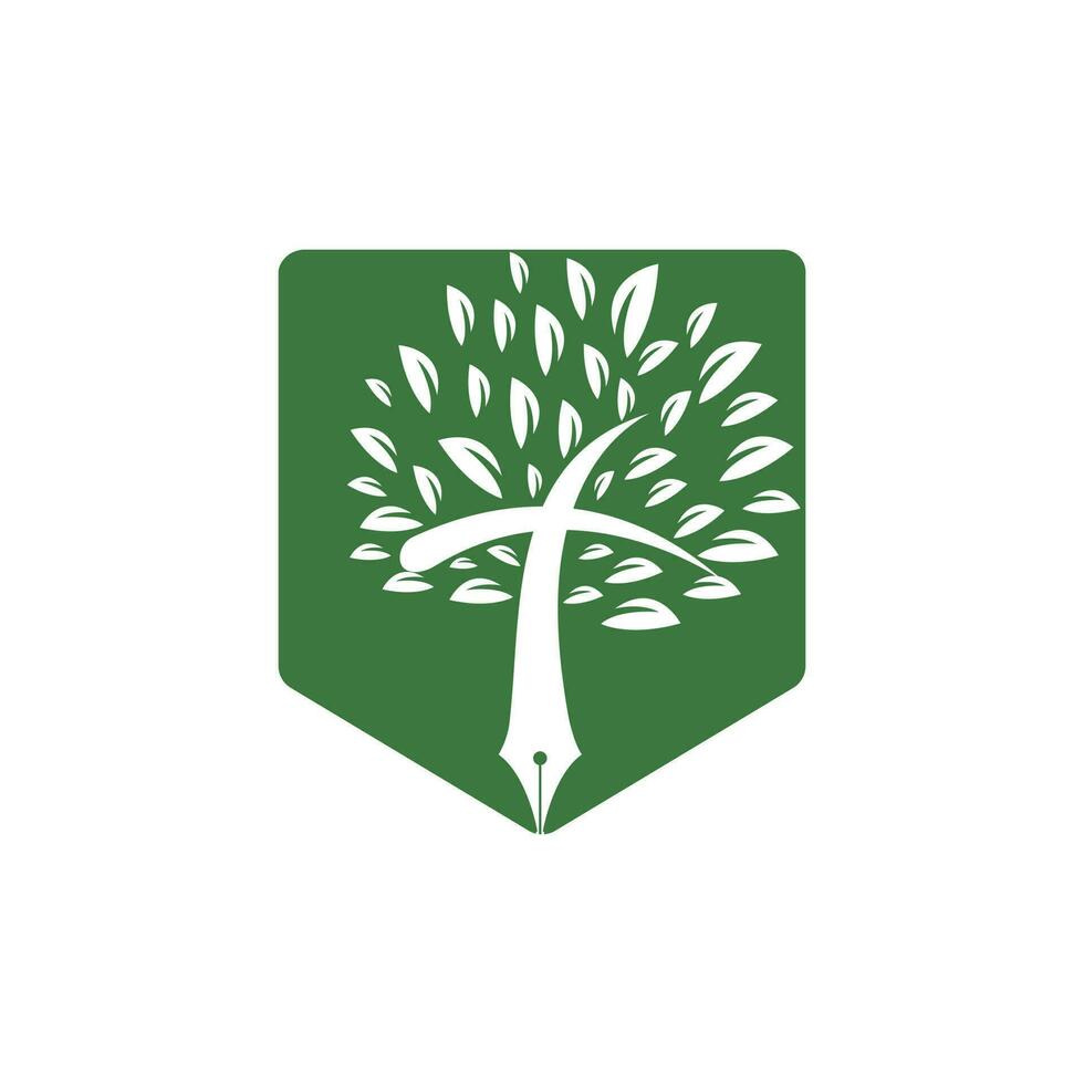 Tree pen and cross vector logo design template. Bible learning and teaching class.