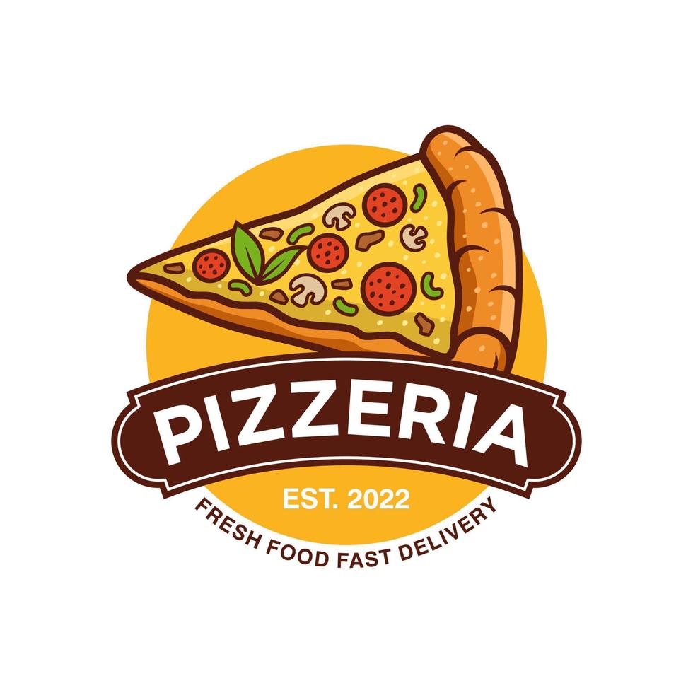 Pizzeria Vector Emblem on blackboard. Pizza logo template. Vector emblem for cafe, restaurant or food delivery service.